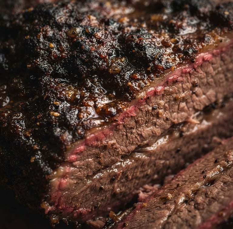Extreme macro close-up of glistening smoked brisket bark with a deep pink smoke ring, dramatic low-key side lighting, rich earthy tones, 35mm