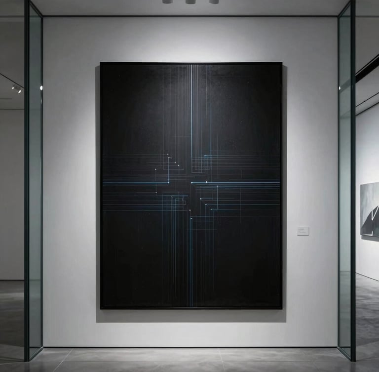 Straight-on architectural photography of a minimalist glass-walled room with a massive framed digital art print, cool high-contrast studio lighting, sharp shadows, 35mm