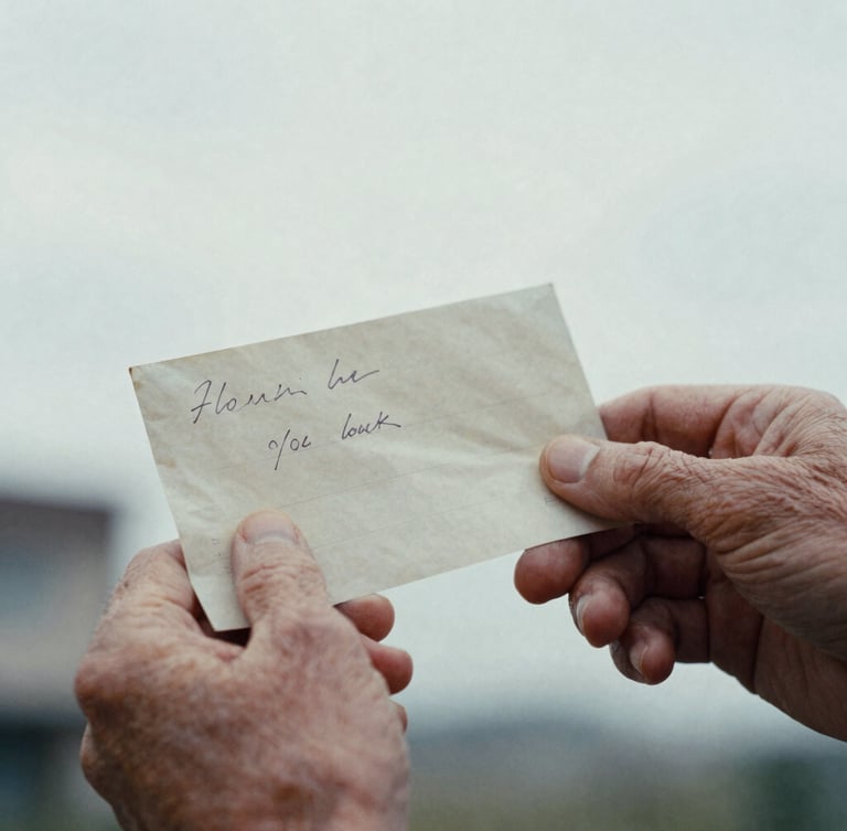 Close-up of aged hands gently holding a faded, handwritten letter, soft overcast daylight, desaturated tricolor tones, deep shadows, 35mm film grain