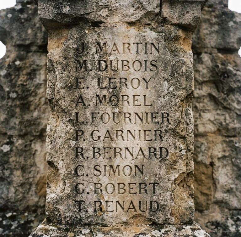 Close-up of a weathered stone monument in France with engraved names, soft overcast daylight, desaturated tricolor tones, deep shadows, 35mm film grain, cinematic framing