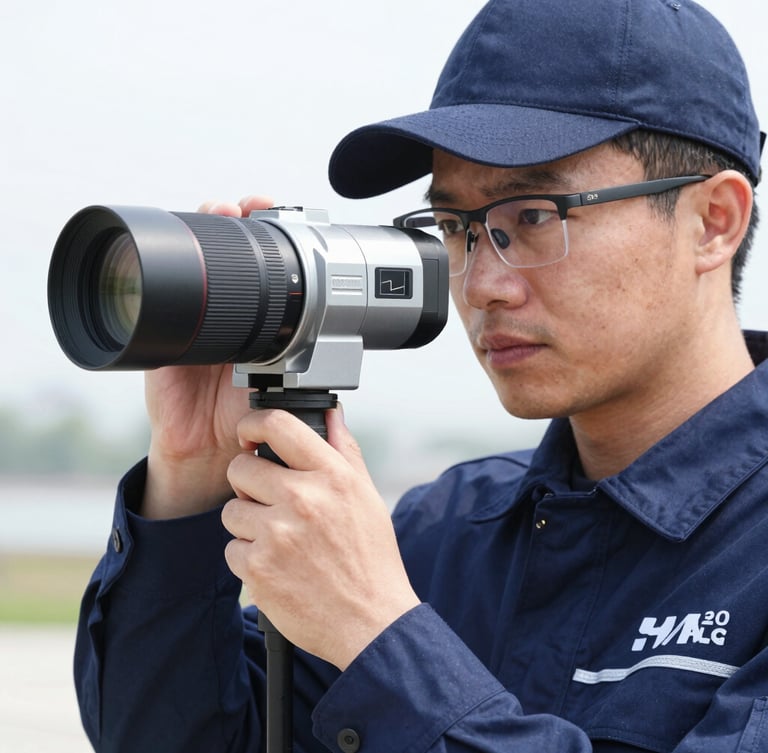 Close-up of a professional technician in a branded navy uniform calibrating a thermal imaging camera, cool daylight, high clarity, 50mm lens.