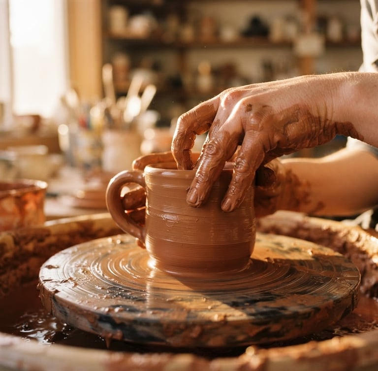 Close-up of potter's hands covered in wet terracotta clay shaping a heavy-bottomed mug on a wooden wheel, warm golden-hour light, 35mm
