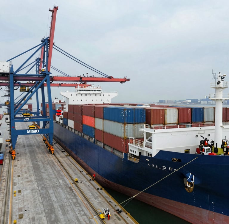 High-angle drone photography of a massive container vessel docked at Mundra Port during overcast daylight, industrial cranes framing the left third, technical and clean.