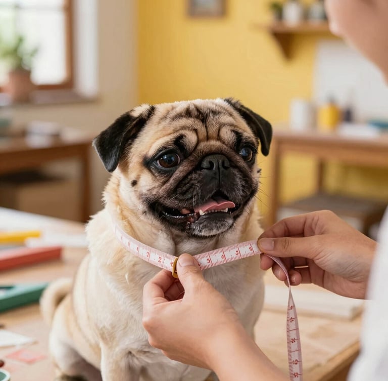 Bright editorial portrait of a skilled artisan's hands carefully measuring a happy Pug with a soft fabric tape measure inside a warm, sunlit Celaya workshop, detailed fabric textures, shallow depth of field.