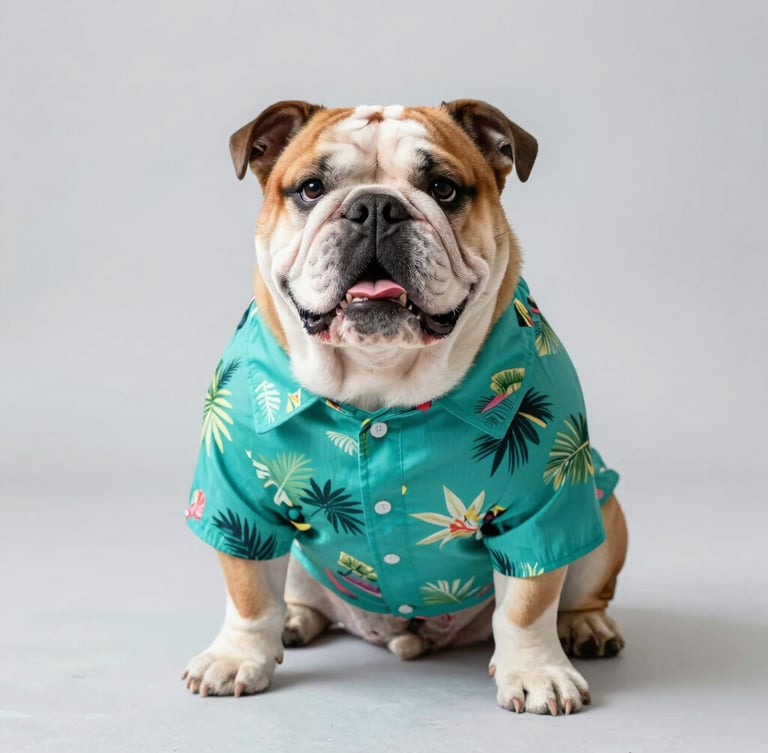 A happy, comfortable English Bulldog sitting on a clean light gray studio floor, wearing a vibrant custom-tailored tropical teal shirt that fits perfectly across its broad chest, soft natural daylight, 35mm lens.