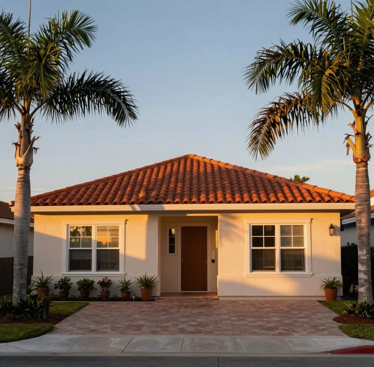 A warm Florida single-family home exterior at golden hour, soft terracotta roof tiles, sunset light reflecting off windows, palm trees framing the side.