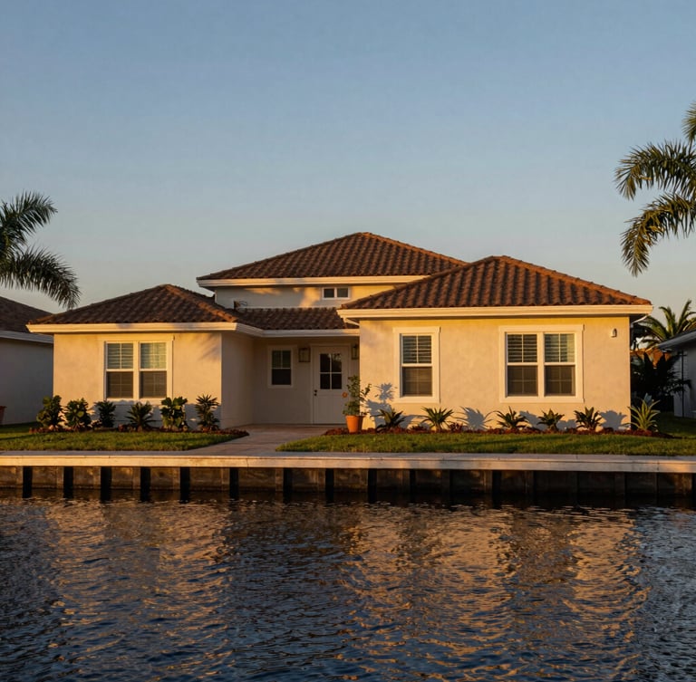 A warm Florida single-family home at sunset, golden hour light reflecting off a quiet canal, wide environmental shot