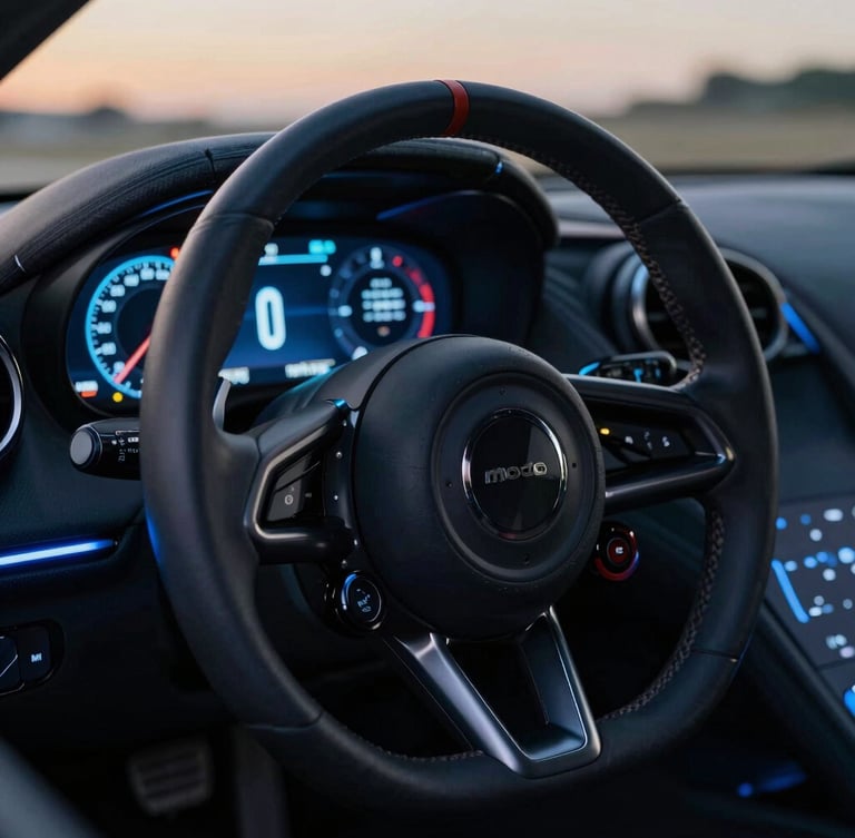 Moody close-up of a modern sports car steering wheel and digital dashboard glowing with electric blue accents at dusk, sharp focus, 35mm