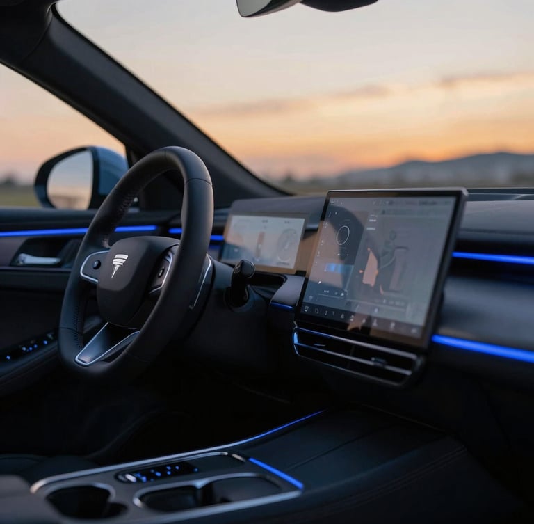 Moody automotive photography at dusk golden hour, close-up of a modern sedan dashboard with sharp electric blue ambient lighting, clean focus, 35mm