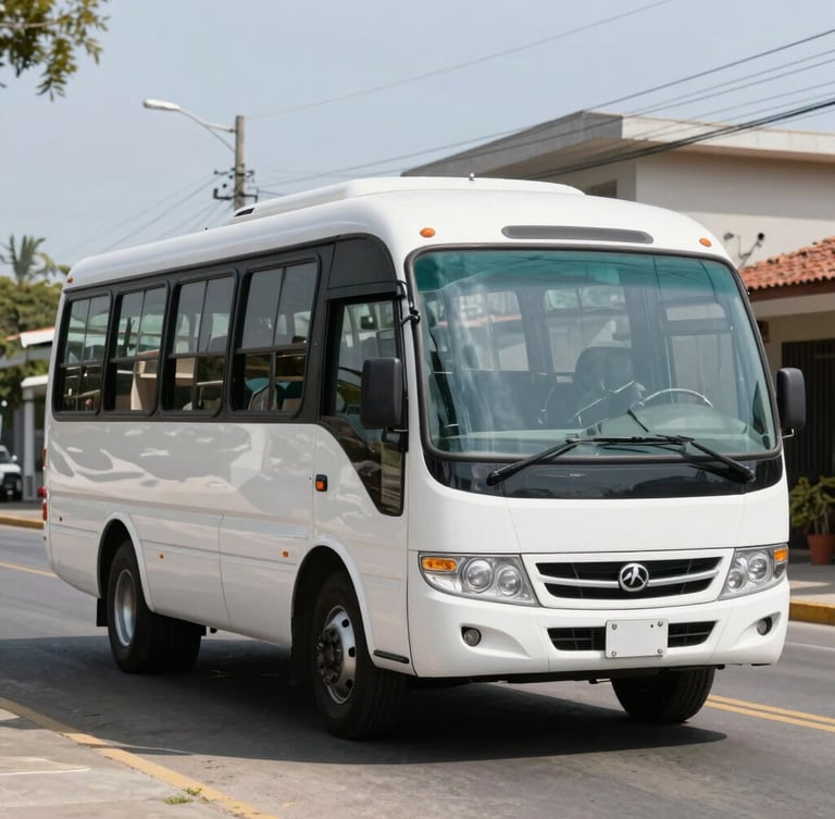 A modern white school microbus driving through a bright, clean Colombian suburban street in crisp morning light, professional setting, 35mm lens