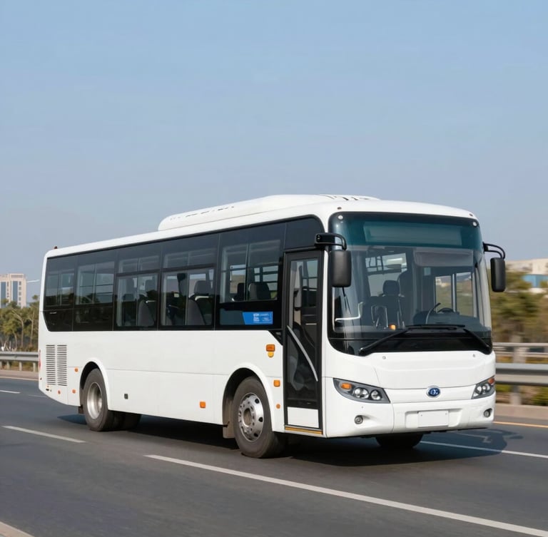 Wide environmental shot of a modern clean white corporate bus driving on a bright well-lit highway under a clear morning sky, professional B2B transport aesthetic, 35mm lens