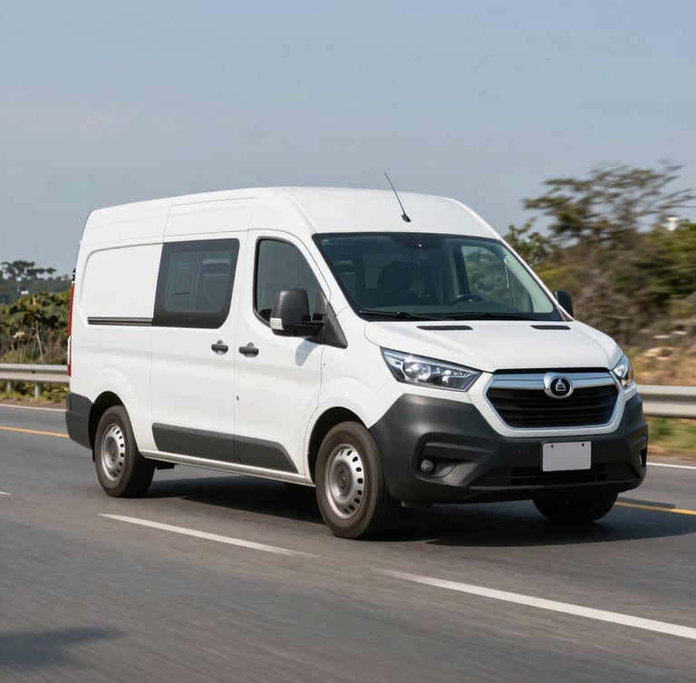 Wide environmental shot of a clean white corporate van driving on a bright, sunny Colombian highway, clear daylight, professional and sharp focus