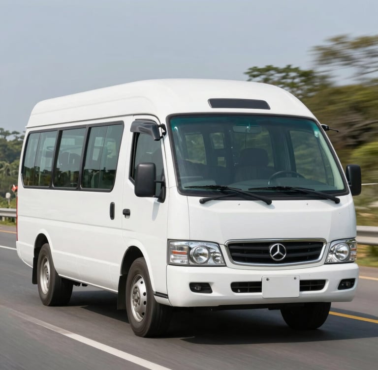 A clean white passenger microbus driving on a well-lit highway in Colombia during bright daylight, sharp focus, professional corporate photography.