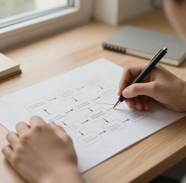 Close-up of hands sketching a workflow diagram on high-end stationery, warm minimalist desk setup, soft natural light, shallow depth of field