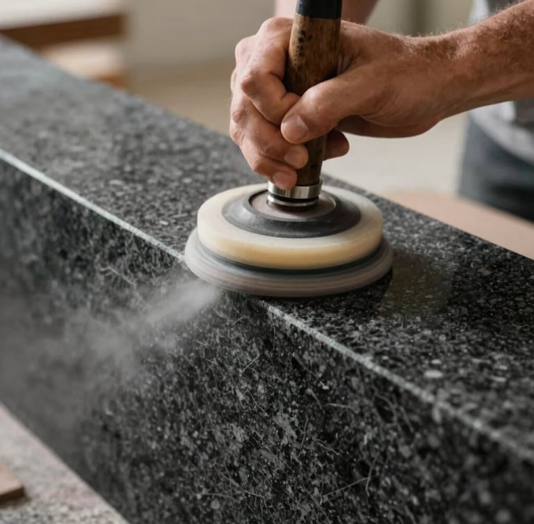 Close-up of a craftsman's hands guiding a water-cooled stone polishing tool over the edge of a deep charcoal granite slab, soft water mist catching the natural light, shallow depth of field.