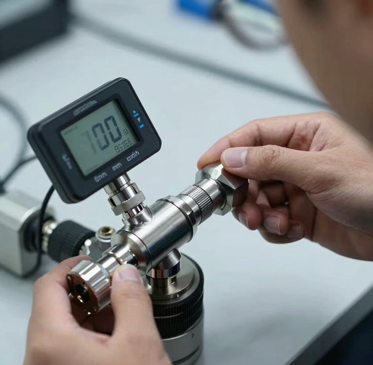 Close-up portrait of a certified technician calibrating a digital draft flow sensor, stainless steel connections, sharp high-contrast lighting, 35mm