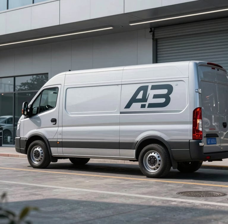 A clean commercial fleet vehicle parked outside a modern venue, side profile showing technical branding, sharp industrial lighting, cool metallic tones, 35mm lens.