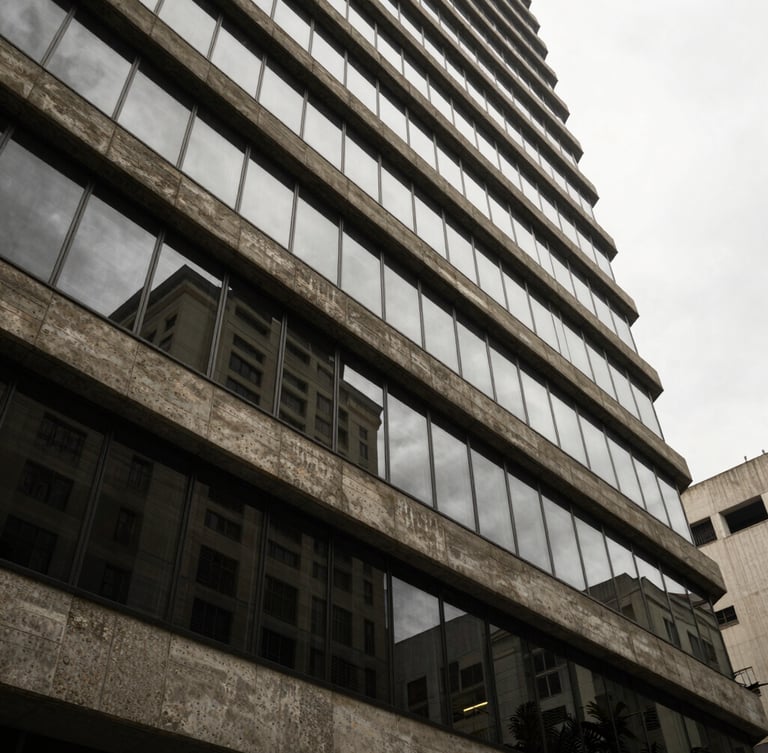 Wide architectural perspective of a modern corporate building facade in São Paulo, sharp concrete lines, overcast daylight, soft reflection on glass panels.