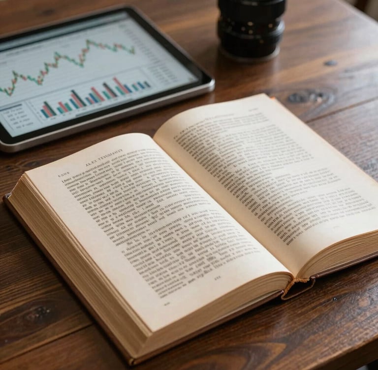 Macro detail of a physical legal treatise volume open on a dark wood table next to a sleek digital tablet displaying financial risk charts, warm interior lighting.