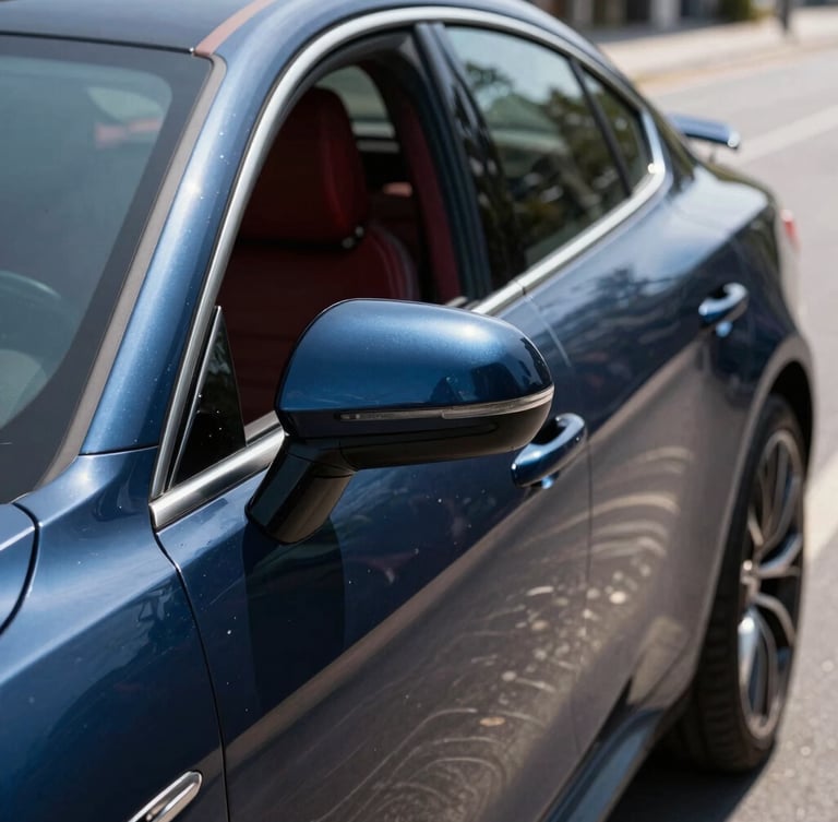 Crisp daylight shot of a high-end car parked on a clean street, focus on the sleek side mirror and door handle, professional commercial style