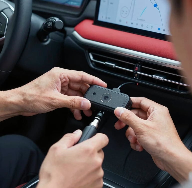 Close-up of a professional technician installing a compact GPS tracking device under the dashboard of a modern car, clean hands, precise tools, daylight.