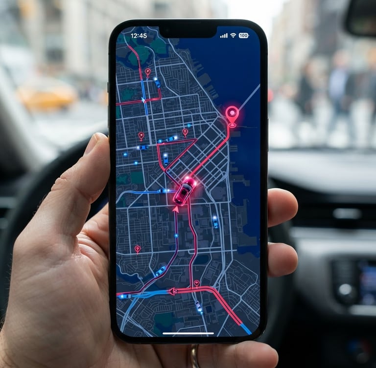 Close-up of a modern smartphone displaying a real-time vehicle tracking map interface, high-contrast daylight, crisp technical detail