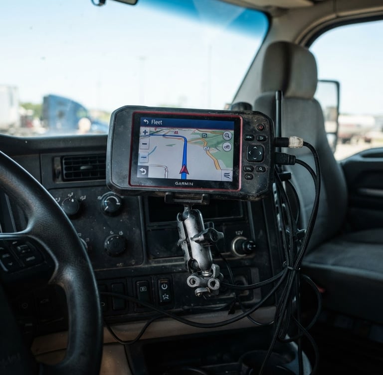 Close-up of a heavy commercial tractocamión cabin parked under sharp daylight, focusing on the rugged GPS hardware installed on the dashboard, 35mm lens, high-contrast technical details.