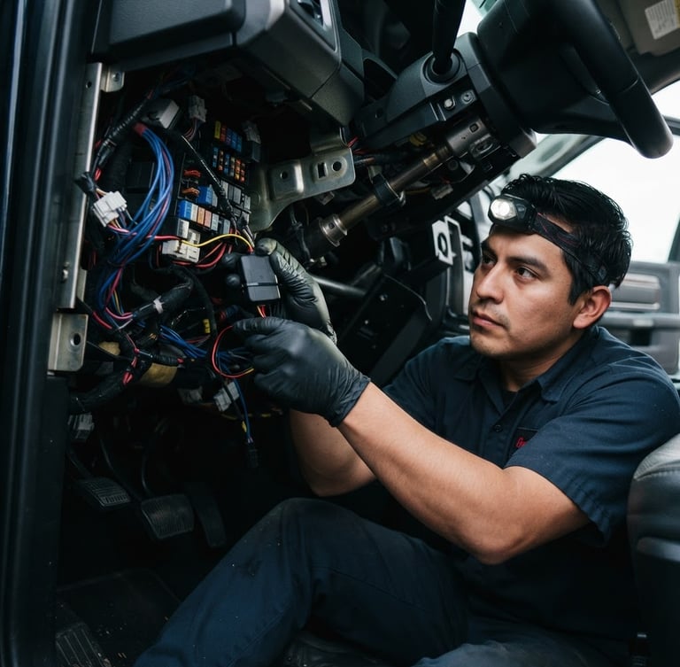 Close-up of a professional technician installing a GPS tracking device under a vehicle dashboard, high-contrast technical lighting, 35mm lens