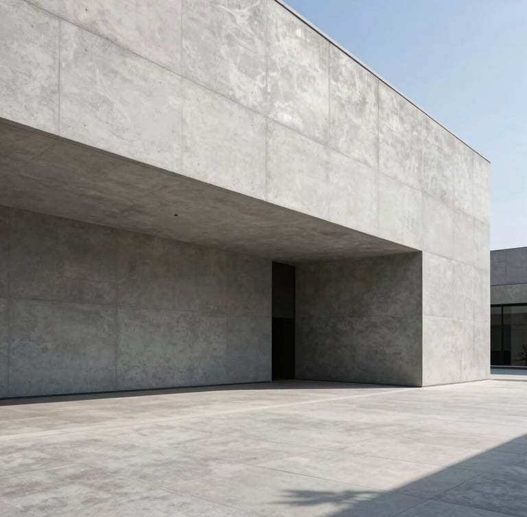 Wide-angle architectural shot of a modern concrete facade under sharp daylight shadows, showing a clean structural transformation, minimalist design.