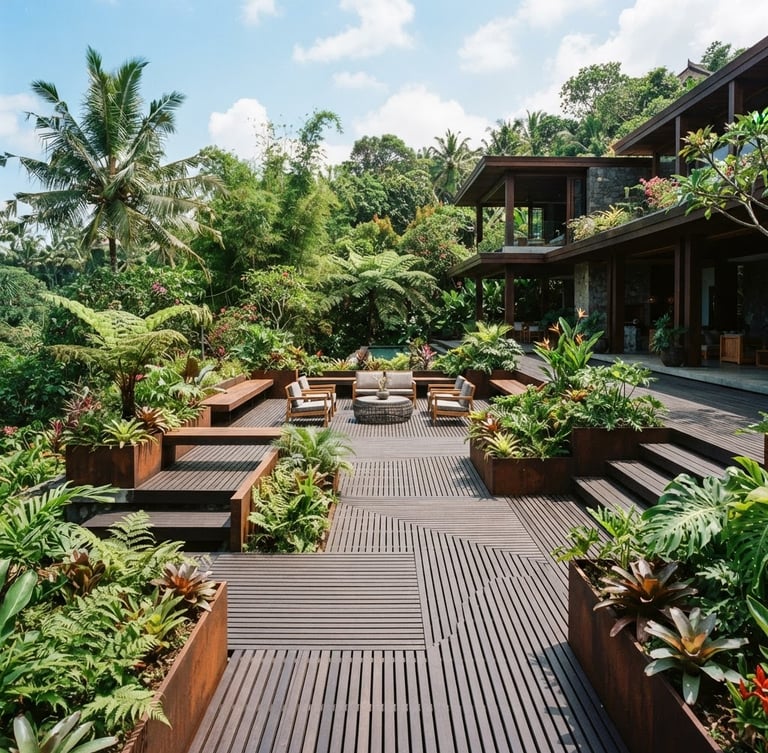 Architectural wide shot of a completed caillebotis terrace with custom corten steel planters, surrounded by lush tropical greens under bright natural daylight, crisp architectural photography, 35mm.