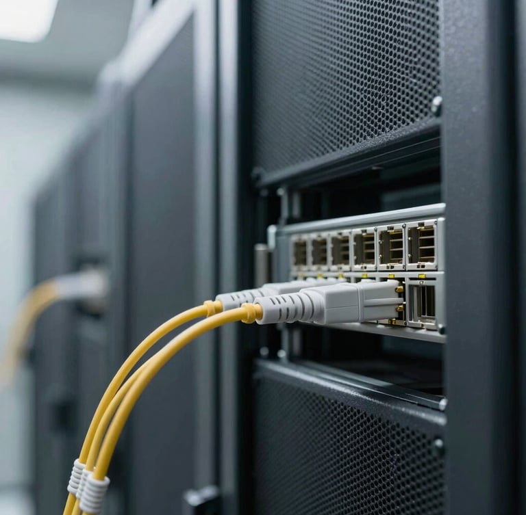 Macro detail of high-performance fiber optic connection in a secure data center, cool desaturated steel tones, sharp focus, architectural precision, diffused daylight, 35mm