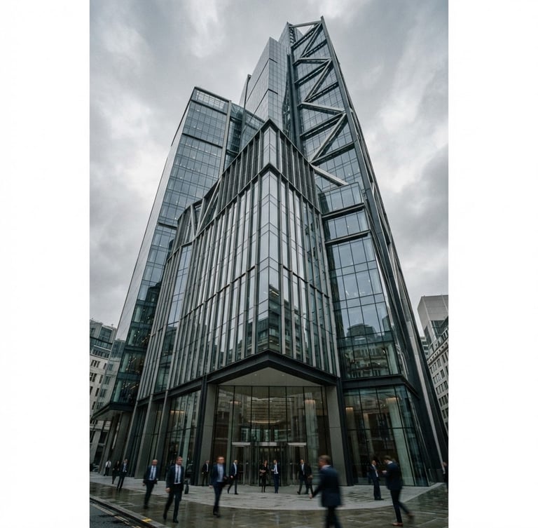 Cool architectural photography of a modern steel and glass financial headquarters in London, diffused overcast daylight, desaturated tones, 35mm
