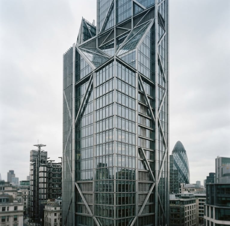 Cool architectural photography of a modern high-rise glass and steel financial headquarters in London, overcast daylight, desaturated steel and glass tones, sharp focus, 35mm