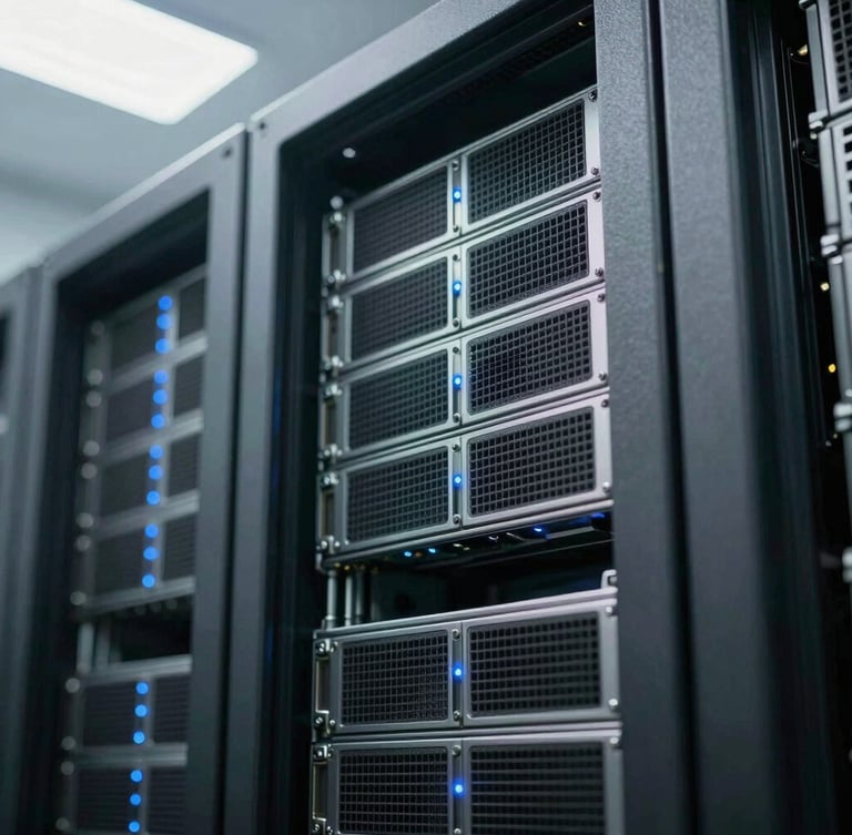 Macro detail of high-end server hardware in a secure data center, cool blue indicator lights, desaturated steel casing, precise architectural shadows, sharp focus, 35mm