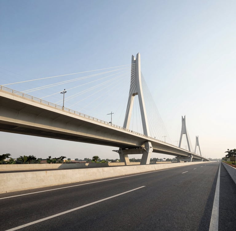 Wide-angle architectural photograph of a modern highway bridge and utility corridors under construction in Gujarat, bright golden hour light, high-contrast, professional 35mm