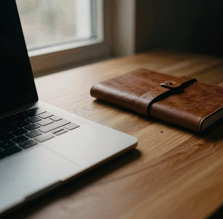 Tactile desk details with a high-end metal laptop, leather notebook, and directional window light casting soft, deep shadows, warm muted tones