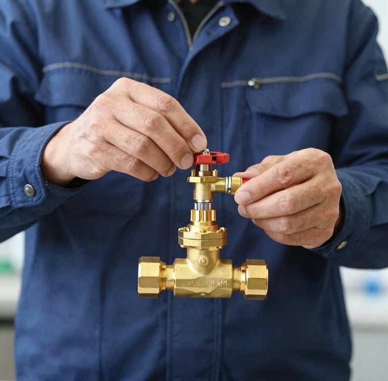 Medium close-up of a professional technician in a clean navy uniform adjusting a high-pressure brass valve, bright natural daylight, technical precision, sharp focus.