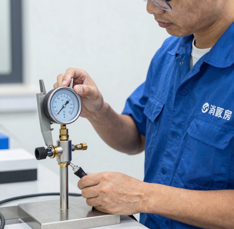 A professional technician wearing a clean blue branded uniform calibrating a digital pressure gauge on a high-spec stainless steel manifold, bright natural daylight.