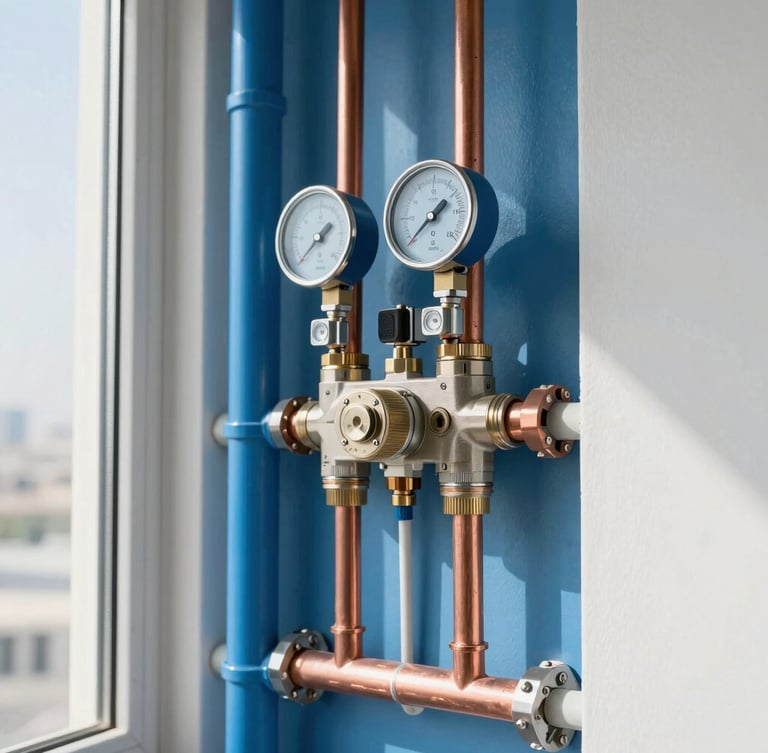 Clean environmental shot of a modern high-rise utility room in Dubai, showcasing organized copper pipes and pressure gauges, crisp blue and metallic tones, bright daylight.