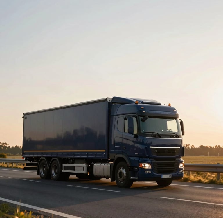Cinematic side-view of a modern deep-navy transport truck driving along a clean European highway during golden hour, low-sun lighting, 35mm.