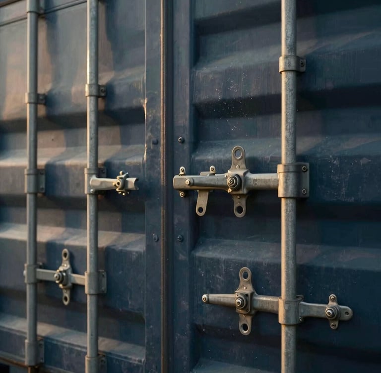 Close-up of secured shipping container locking mechanisms under high-contrast overcast daylight, metallic textures, professional and secure, 35mm.