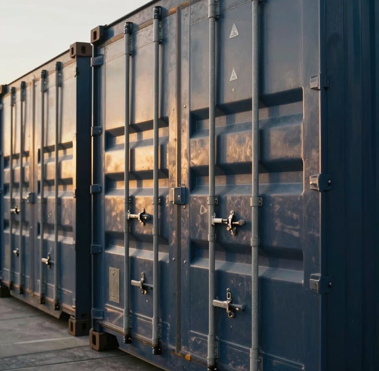 Cinematic editorial photograph of a modern high-tech logistics hub, crisp daylight, detailed crop of secure cargo locks and shipping containers, deep navy and gold tones.