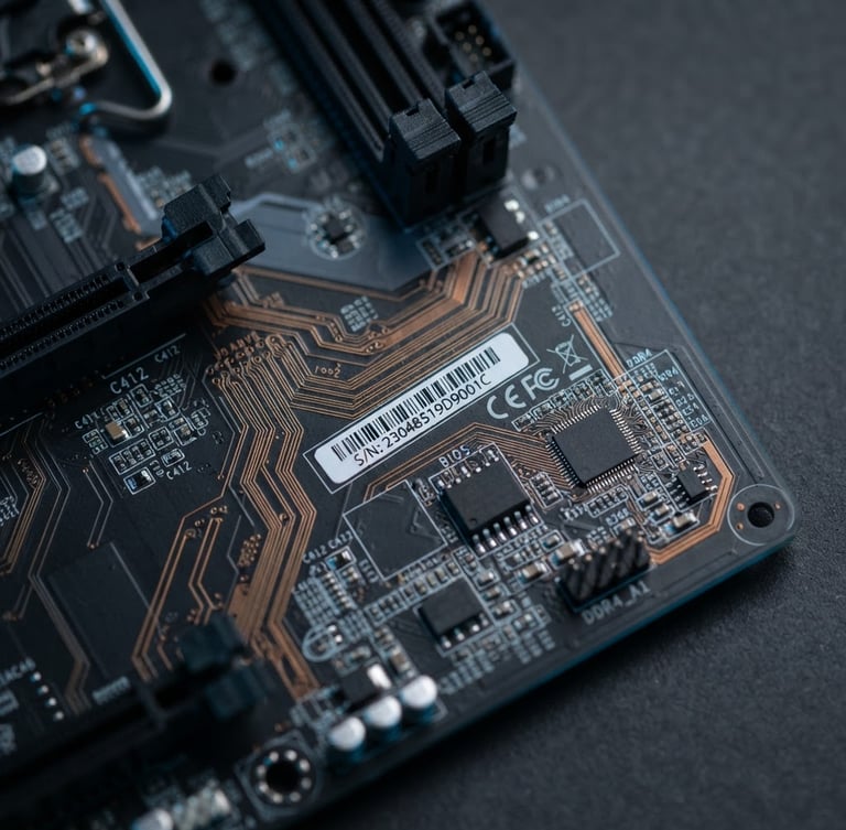 Macro photograph of a clean motherboard circuit board, focus on copper traces and serial number, anti-static blue lighting, dark gray background