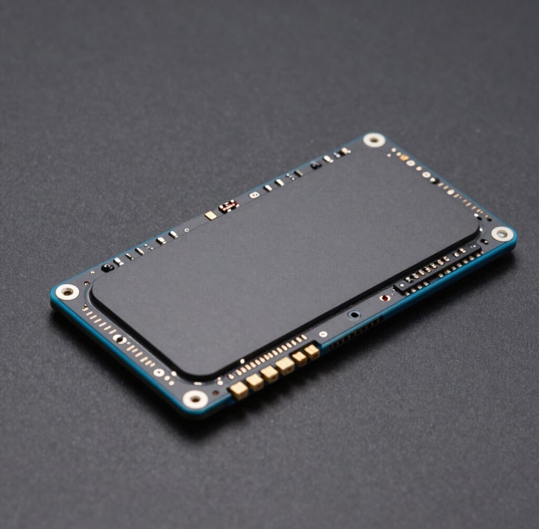 Macro shot of a high-performance solid state drive showing precise technical connectors and serial numbers, clean dark gray background, blue accent rim light