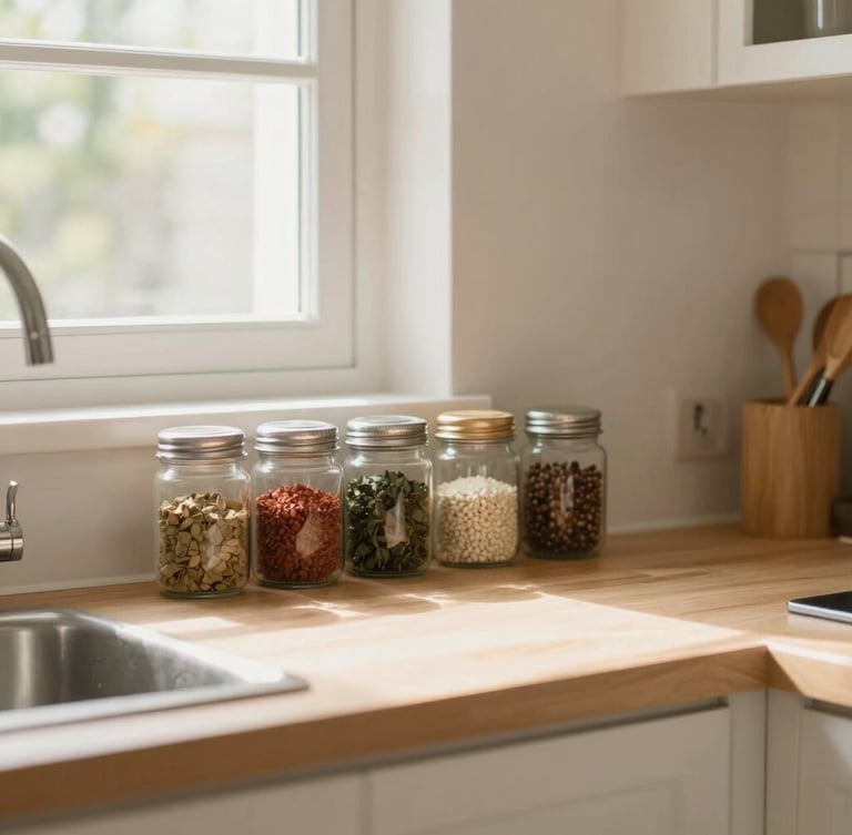A bright, warm kitchen counter with organized spice jars and natural light streaming through a window, shallow depth of field, editorial style