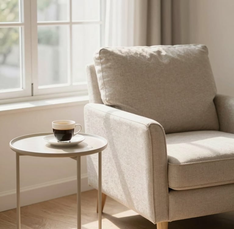 A cozy modern living room corner with a comfortable armchair, a neat side table holding a cup of coffee, and soft sunlight streaming through a window.