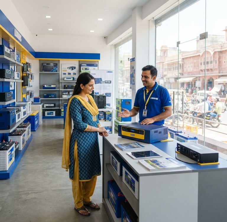 Brightly lit modern battery inverter showroom in Jaipur, clean and organized, with a friendly technician assisting a customer, wide shot, natural daylight, high-contrast blue and yellow tones, 35mm lens