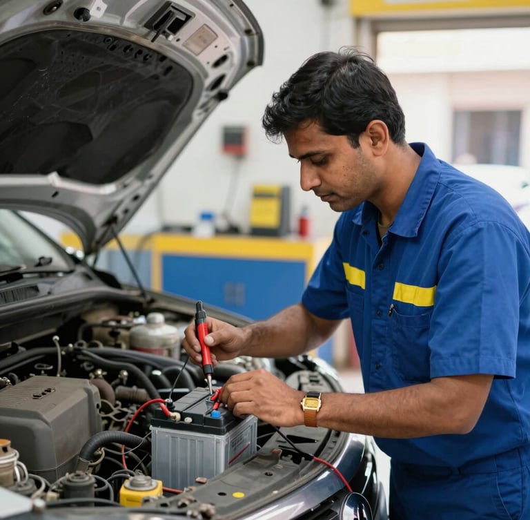 Medium shot of a professional technician in uniform testing an old car battery with a diagnostic tool, inside a clean, well-lit workshop in Jaipur, bright commercial photography, sharp focus, high-contrast blue and yellow tones.