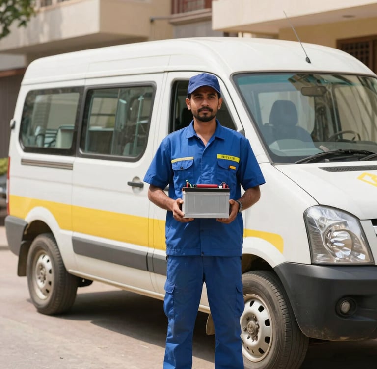 Professional technician in a branded uniform standing next to a service van in a residential area of Jaipur, holding a battery, bright natural daylight, focus on technician and van, 35mm lens, portrait aspect