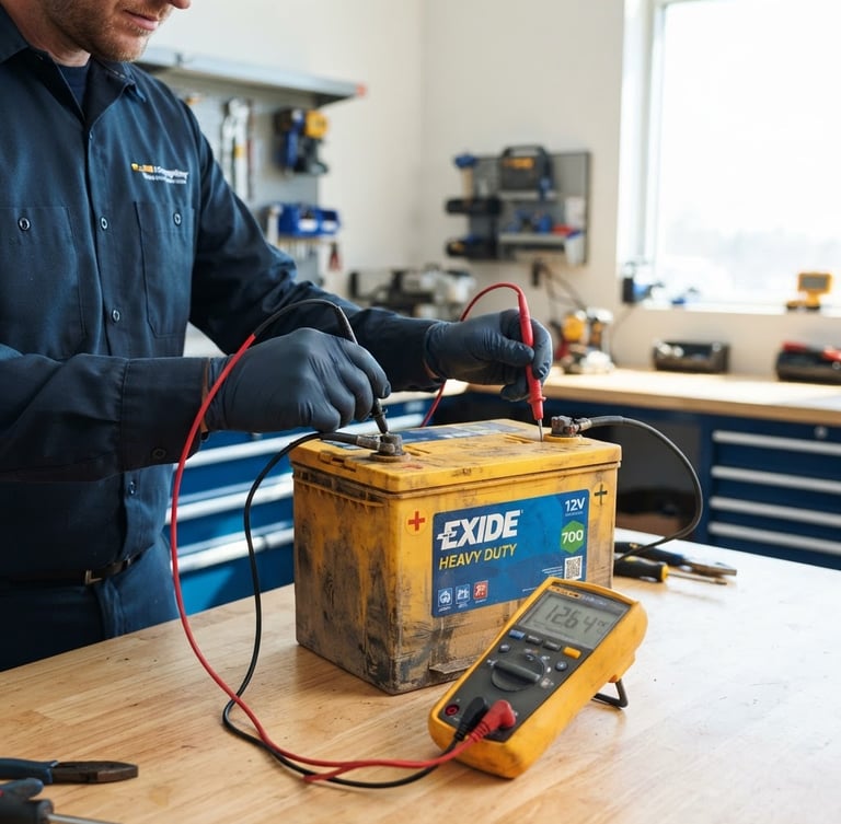Professional technician in a clean workshop testing a heavy-duty lead-acid battery with a voltmeter, focus on hands and battery, bright natural daylight, high-contrast blue and yellow tones, 35mm lens.